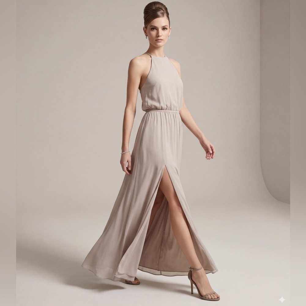 NEW Show ME YOUR MUMU off back HALTER maxi DRESS SMALL BEIGE bridesmaid